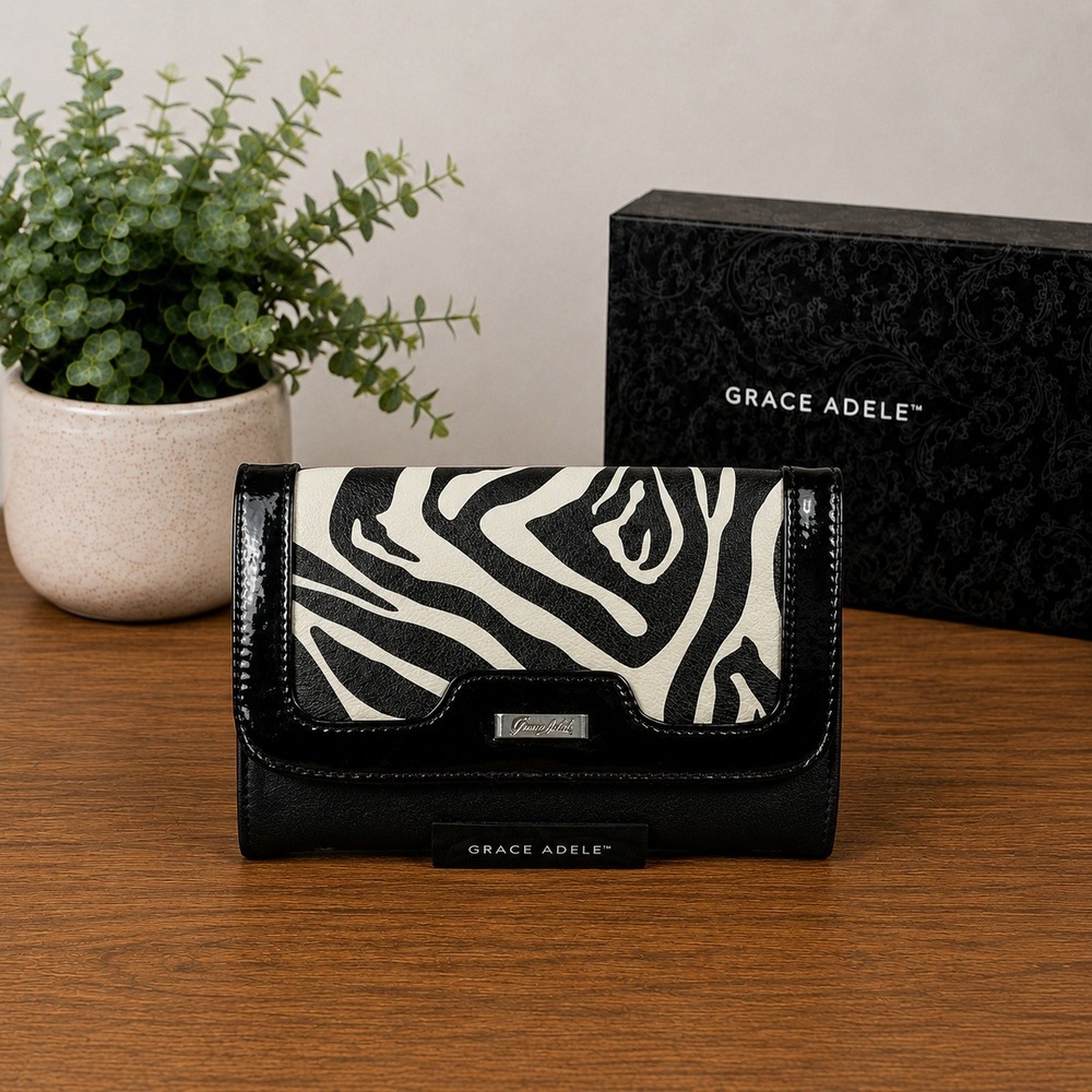 Grace Adele Zebra Print Crossbody Clutch Bag Black Patent Trim Red Lining‎